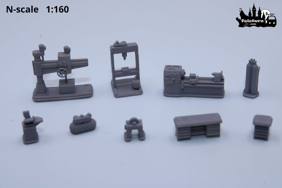 N Scale Workshop Machines Set | 1:160 Model Railroad Accessories | Miniature CNC Lathe Drill Press Tools | Diorama Garage Scene Details