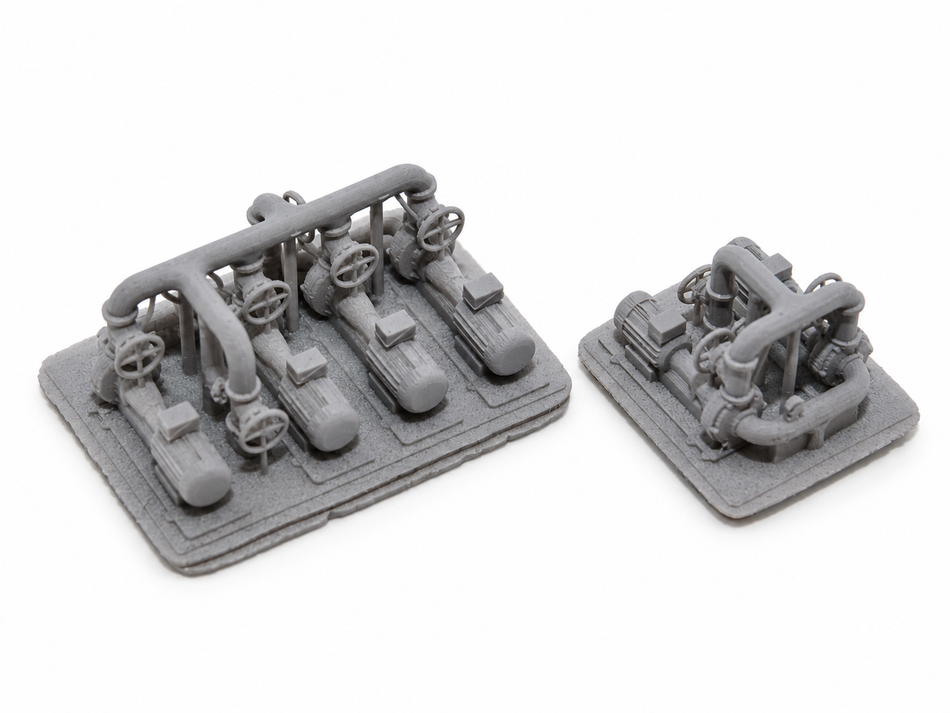 Miniature Industrial Pump Skid with Valves – 2 or 4 Pumps – Z / N / TT Scale