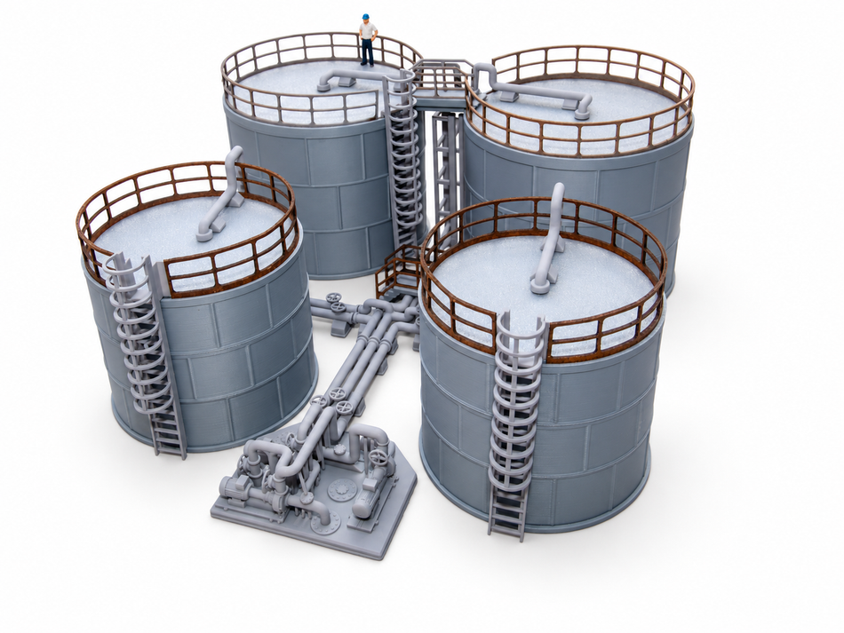 HO Scale Industrial Tank Farm Model | 4 Storage Tanks, Pump Station, Piping Kit
