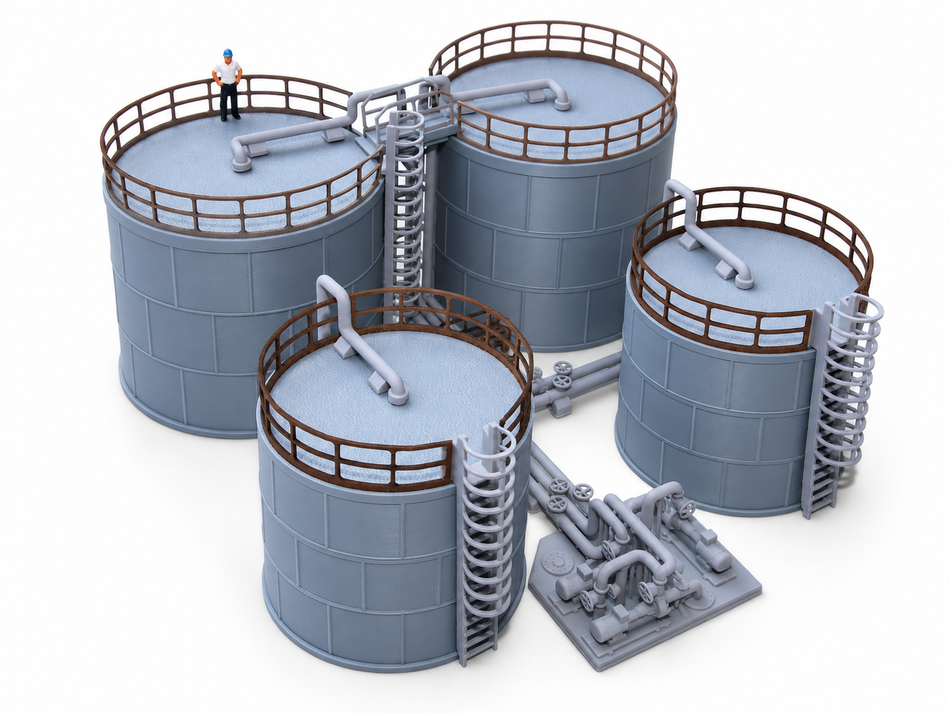 HO Scale Industrial Tank Farm Model | 4 Storage Tanks, Pump Station, Piping Kit