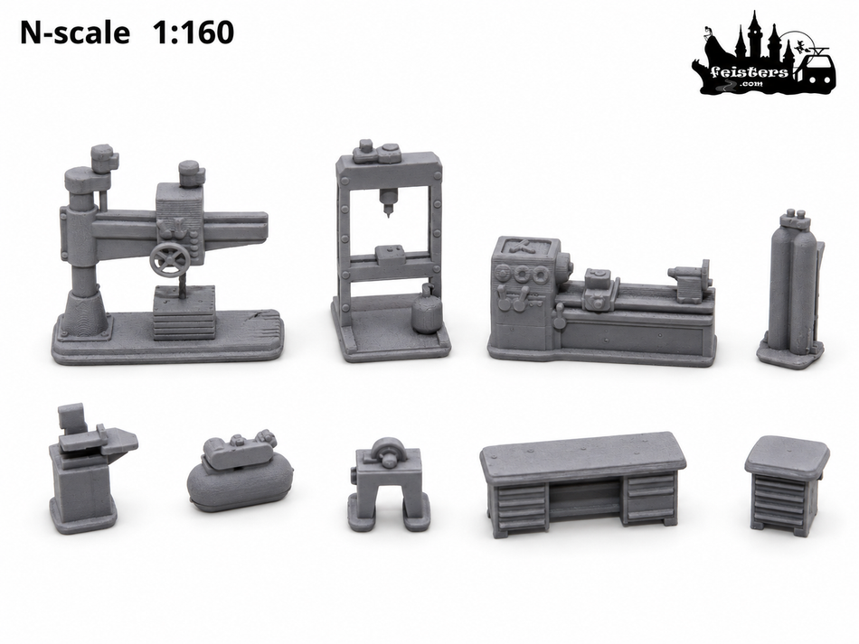 N Scale Workshop Machines Set | 1:160 Model Railroad Accessories | Miniature CNC Lathe Drill Press Tools | Diorama Garage Scene Details
